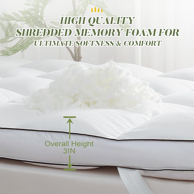 3 Inch Memory Foam Mattress Topper Queen Size, Extra Soft Pillow Top Mattress Topper, Fluffy Shredded Memory Foam Filled, Breathable Mattress for Back Pain Relief, 60x80 in.