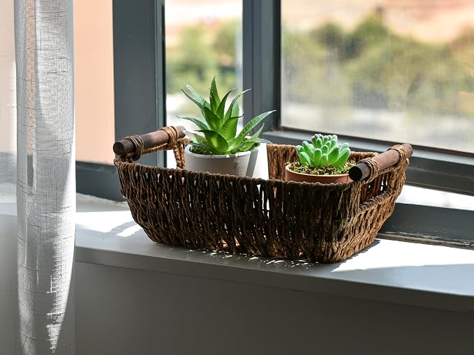 StorageWorks Handwoven Small Wicker Baskets, Round Paper Rope Storage Baskets with Wooden Handles, Dark Brown, 2-Pack - Image 7