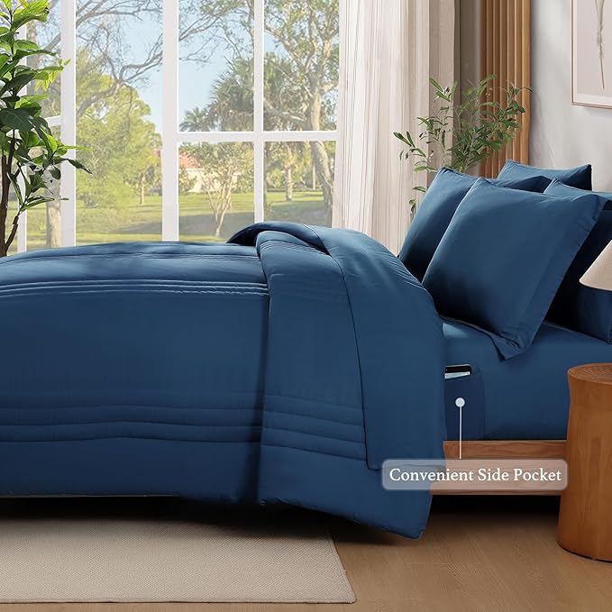 Monbix Full Size Comforter Set - 7 Pieces Serenity Blue Bed in a Bag, Full Size Bedding Sets with Comforters, All Seasons Comforter with Sheets,Pillowcases & Shams