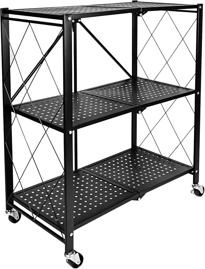 Kitchen Garage Metal Shelves, Storage Shelves Organizer, Foldable Metal Shelving, Closet Shelving Unit, 28" W x 14" D x 34" H Bakers Rack Microwave Stand, Plant Stand with Wheels (3-Tier Shelf) by Unknown