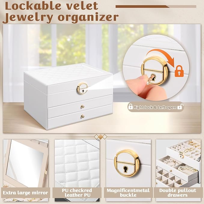 3 Layer Jewelry Boxes for Women with Mirror Large Jewelry Organizer Box with 2 Jewelry Organizer Drawer PU Lockable Elegant Unique Gifts for Women, White - Image 3