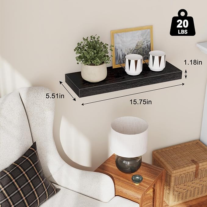 Fixwal Floating Shelves for Wall, 15.7" Wood Wall Mounted Shelves for Living Room, Bedroom, Bathroom and Kitchen, for Storage, Books, Room Decor (Black, Set of 2) - Image 3