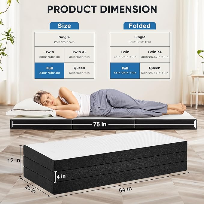 Folding Memory Foam Mattress, 4" Tri-Fold Full Mattress Topper with Washable Cover, Non-Slip Portable Guest Floor Bed for Travel Camping