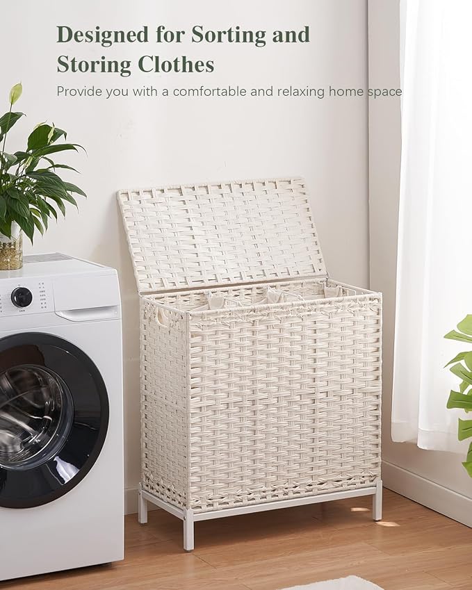 SETVSON Laundry Hamper with Lid 132 L, (35 Gallons) Clothes Hamper with Lid, Handwoven Rattan Laundry Hamper with Metal Heightened Feet, Laundry Hampers with 3 Removable Liner Bags for Laundry-White - Image 6
