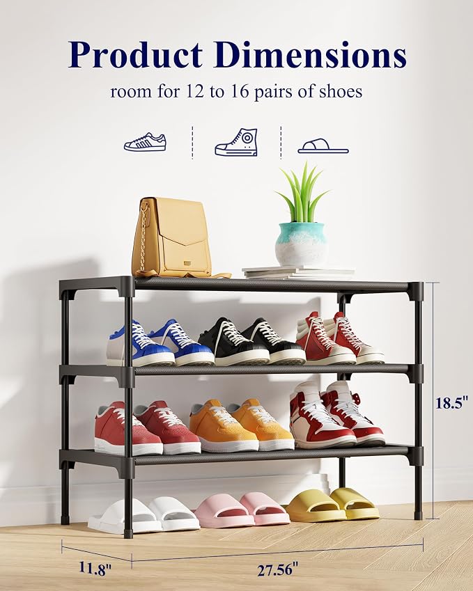 Kitsure Shoe Rack - Non-Woven Shoe Rack Shelf, Shoe Organizer for Closet, Entryway, Garage & Corridor, Stackable Shoe Shelves, 27.5" Wide - 3 Tier, Black - Image 3
