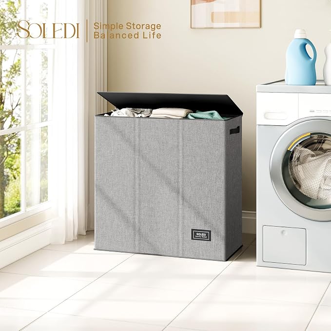 SOLEDI 160L Laundry Hamper 3 Section, Extra Large Laundry Hamper with Lid, Dirty Clothes Hamper with Sturdy Handle, Large Laundry Basket Organizer for Laundry Room, Bedroom, Hampers for Laundry - Image 4