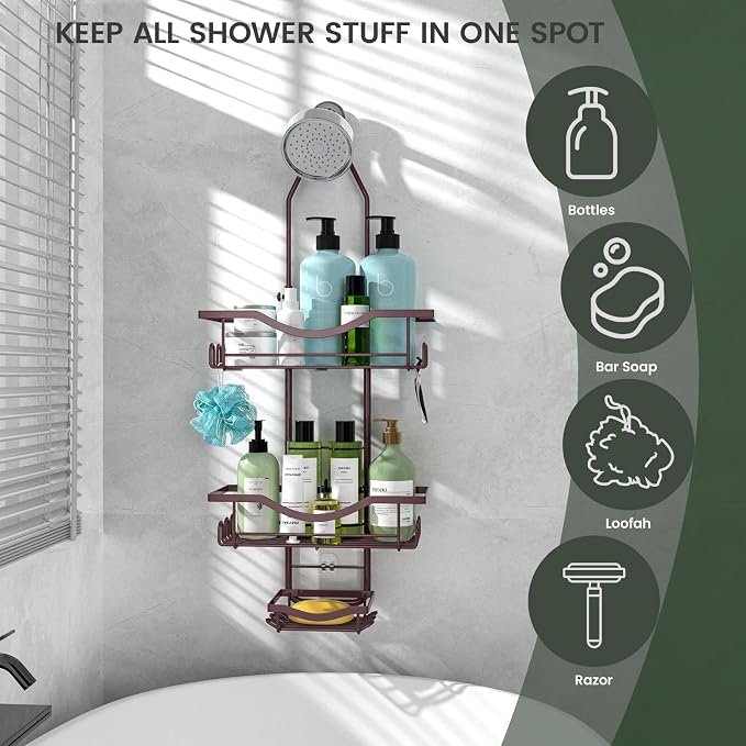 REINHARDT Shower Caddy Hanging Adjustable, Extended Length Rustproof Showers Caddy Over Showerhead with Hooks Soap Holder, Large Capacity Shower Organizer Anti-Swing Bathroom Organizer, Bronze - Image 7