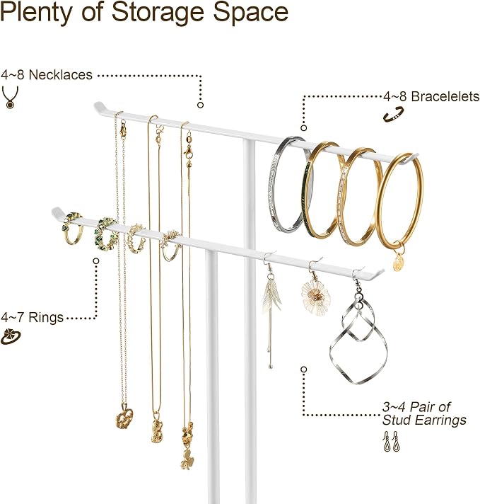 pickpiff Necklace Holder Jewelry Organizer Stand – 2‑Tier T‑Bar Jewelry Display Tree with Tray for Countertop Necklace Bracelet Earring Storage, Vanity Dresser Bathroom Sink, White - Image 6