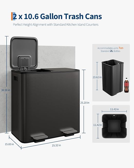 GarveeHome 2 x 10.6 gal (2 x 40 L) Double Kitchen Trash Can, Stainless Steel Large Trash Can w/Soft-Close Lid & Recycle Bin Combo, Step-on Metal Garbage Cans, PP Inner Buckets, Liner Rim, Black - Image 6