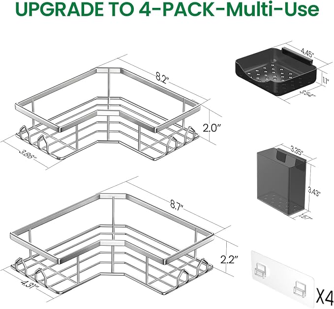 Adhesive Shower Caddy, 4 Pack Corner Bath Organizer, Rustproof Stainless Steel Shower Shelves with Large Capacity, No Drilling Shelves for Bathroom Storage, Home, Kitchen Decor (Silver). - Image 2