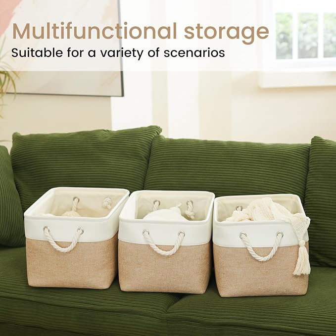 Large Storage Baskets- 15x11x10 inch Storage Bins for Shelves and Closet Organizing, Foldable Fabric Bin for Home Organization Clothes and Laundry (1-Pack, White&Khaki) - Image 6