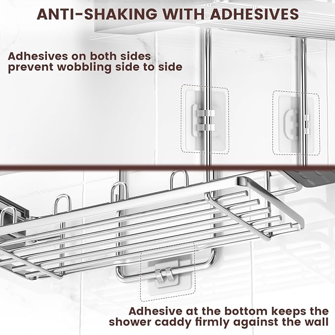 REINHARDT Shower Caddy Hanging, Rustproof Shower Caddy Anti-Swing Shower Organizer Over Showerhead No Drilling Shower Racks with Soap Holder Multi Hooks Bathroom Storage for Shampoo Sponge, Silver - Image 6