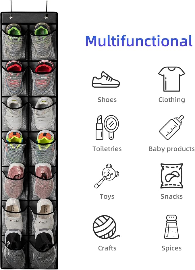 KEEPJOY Over the Door Shoe Organizer, Hanging Shoe Organizer with 4 Hooks,Door Shoe Holder with 14 Mesh Deep Pockets Closet Door Shoe Storage Bag (Grey-2Pack) - Image 4