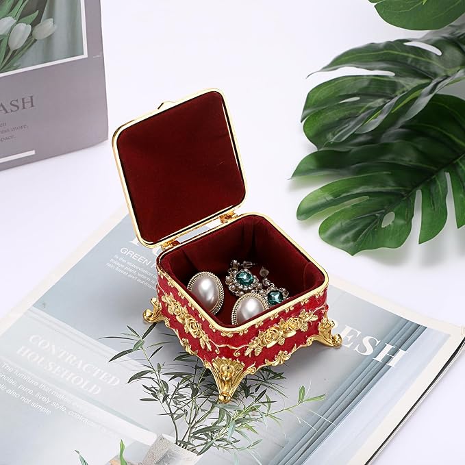 Hipiwe Vintage Metal Jewelry Box - Small Trinket Organizer Ring Box Case with Rose Pattern Jewelry Storage Box for Ring Earrings Necklace, Keepsake Box for Women,Red - Image 8