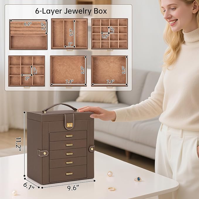 AKOZLIN 6-Tier Jewelry Box Organizer Functional 5 Drawers Leather Jewelry Storage Case for Women Girls Ring Necklace Earring Bracelet Holder Organizer with Mirror Brown - Image 4