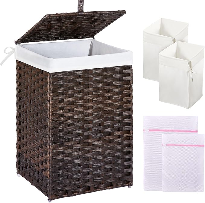 Greenstell Laundry Hamper with Lid, 60L Clothes Hamper with 2 Removable Liner Bags & 2 Mesh Laundry Bags, Handwoven Synthetic Rattan Laundry Basket for Clothes, Toys in Bathroom, Bedroom Brown by Greenstell