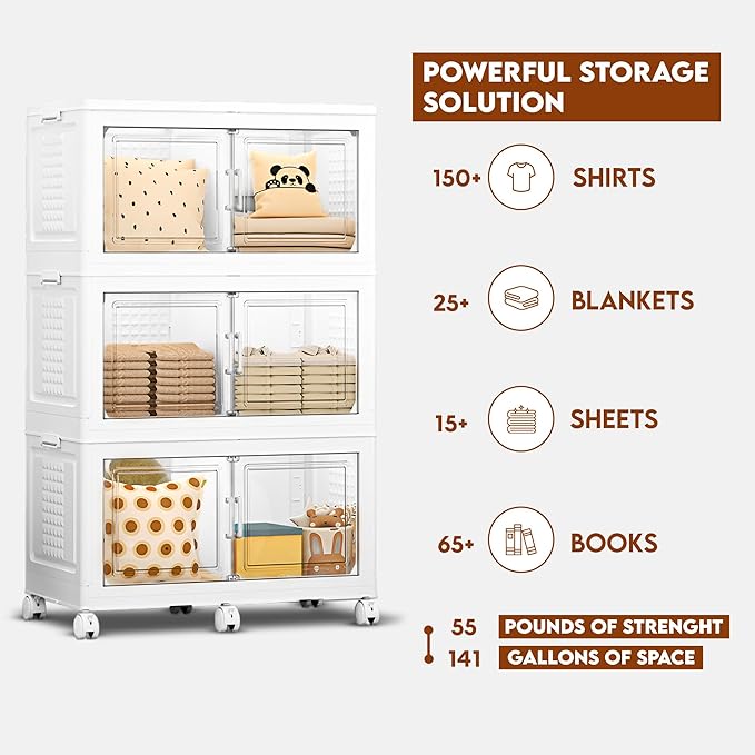 FINCHESCLUB 568QT/141Gal XL Stackable Storage Bins with Lids, Foldable Storage Bins with Doors, Wheels, and Lights - Collapsible Closet Cabinets for Home Office, 3 Pack - White