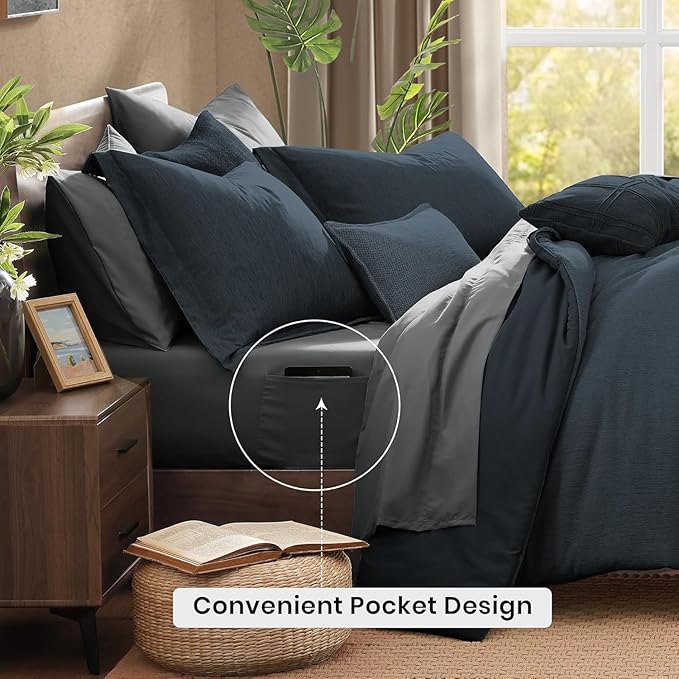 Monbix California King Comforter Set - 7 Pieces Cationic Dyeing Navy Blue Bed in a Bag Cal King Bedding Sets with Comforter, Sheets, Pillowcases & Shams, Reversible Bedding Comforters Sets