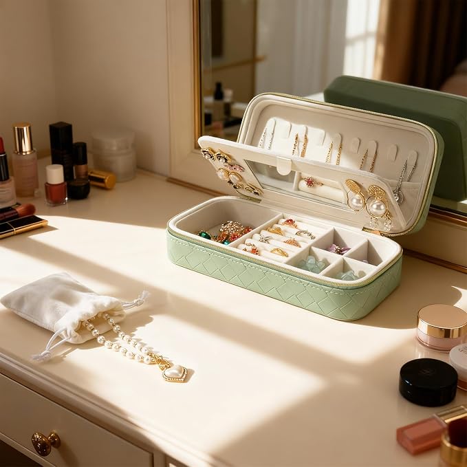 DesignSter Travel Jewelry Case, Woven Embossed PU Leather Jewelry Organizer with Mirror, Small Portable Jewelry Box for Women Rings Necklaces Bracelets Earrings - Image 5