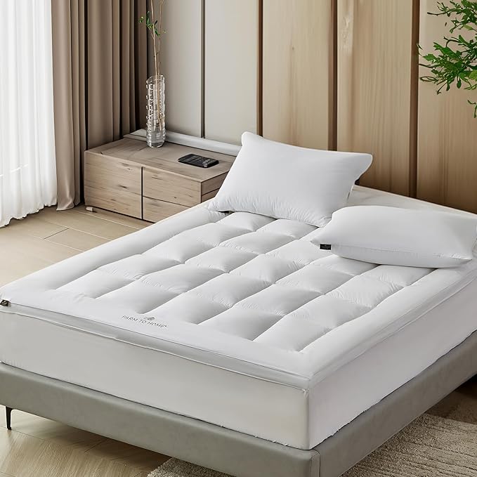 Farm to Home Organic Cotton Mattress Protector Cal King Size - 2" Gusset Pillowtop Mattress Pad Cover Down Alternative Filled with 16 Inch Elastic Deep Pocket Mattress Topper – White