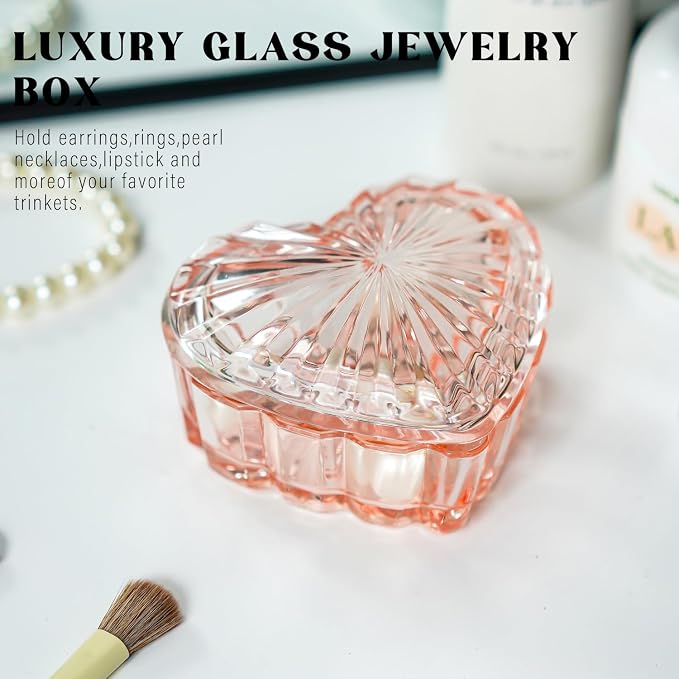 kanpura Glass Heart Shaped Jewelry Box Candy Dish with Lid Ring Earring Trinket Storage Box Vintage Jewelry Organizer Decorative Jar Christmas Gift for Women Girls(Pink) - Image 4