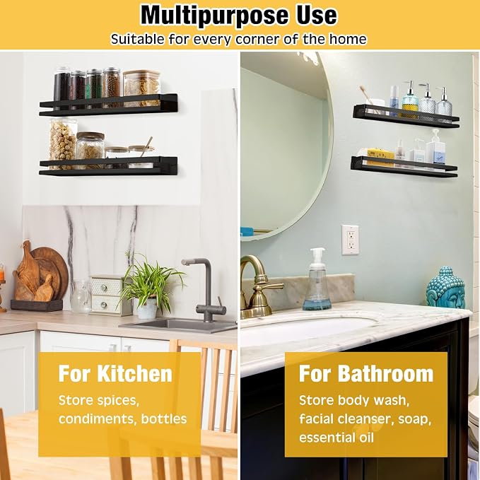 Lallisa 2 Pieces Stainless Steel Shelf Bathroom Shower Floating Shelves Wall Mounted Shower Caddy Basket Shelf Storage Organizer Shelves for Bathroom, Kitchen, Living Room(19.69 Inches/ 50 cm,Black) - Image 7