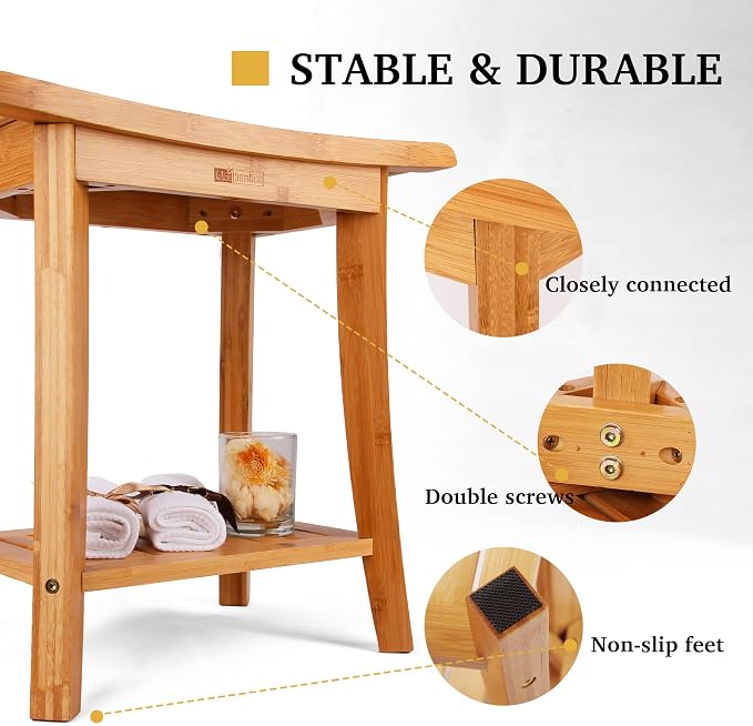 Unibambou Bamboo Shower Bench with Storage Shelf, Wooden Spa Bath Deluxe Organizer Shower Stool for Inside Shower, Bathroom Bench Seat for Adults Elderly Seniors for Indoor or Outdoor Use - Image 4