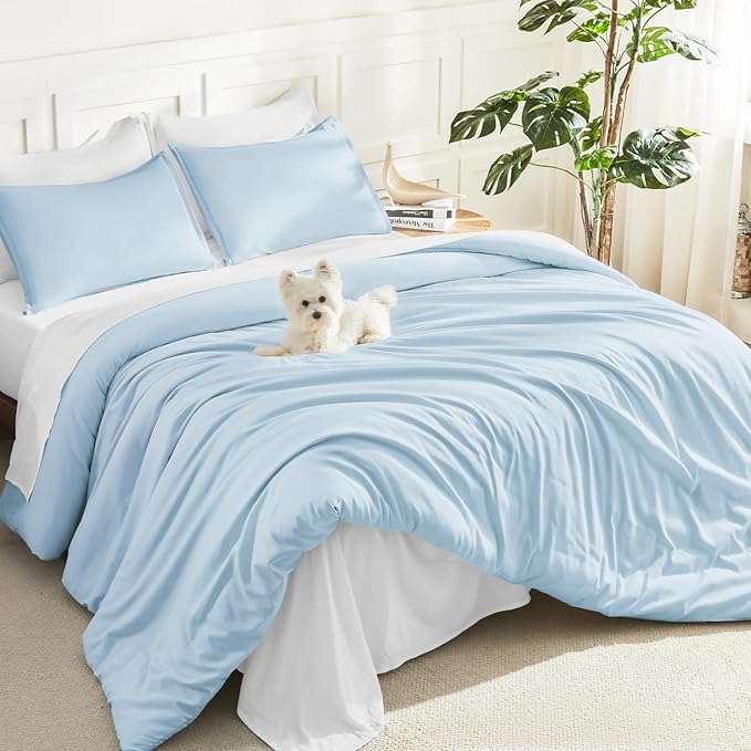 Litanika Comforters Light Blue Full Size, 3 Pieces Lightweight Solid Bedding Comforter Set, All Season Fluffy Bed Set (79x90In Comforter & 2 Pillowcases)