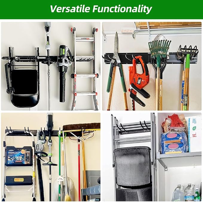 PIYILO Garage Organization, Garage Wall Organizer with 48 inches Rails and 6 Hooks, Tool Organizers Heavy Duty, Shovel Holder Wall Mount Max Load 360 LBS, Sturdy Garden Tool Rack for Folding Chairs - Image 4