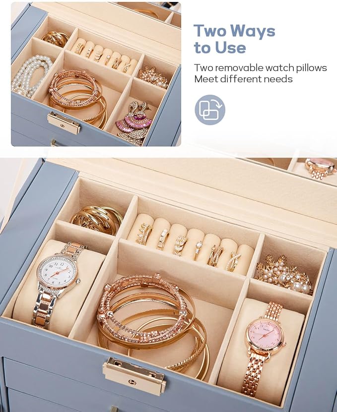Homde Synthetic Leather Huge Jewelry Box Mirrored Watch Organizer Necklace Ring Earring Storage Lockable Gift Case (Grey Blue + Gold) - Image 4