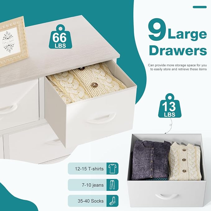 OLIXIS 9 Drawers Storage Organizers Units, Closet Organizers and Storage for Clothes, Fabric Storage Drawer for Living Room, Chest of Dresser in 39.4" D x 11.8" W x 39.9" H, White - Image 3