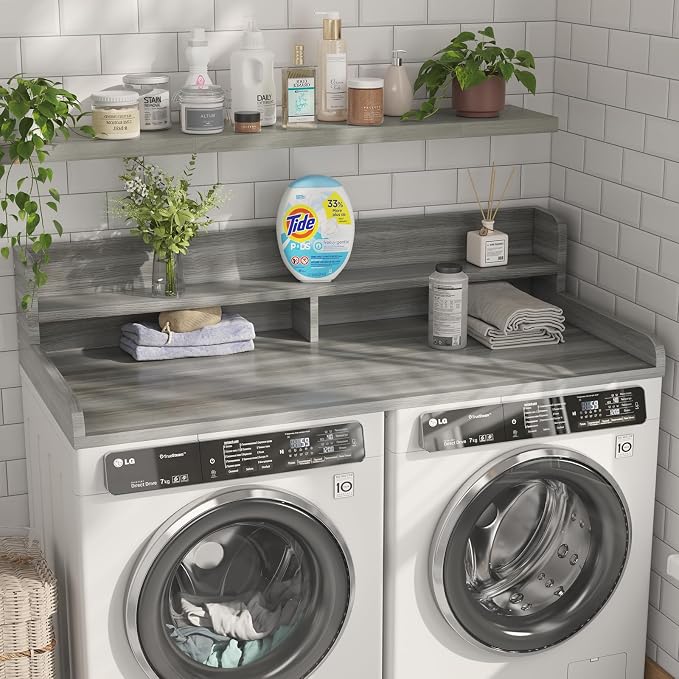 2-Tier Washer Dryer Countertop with 2.75" H Edge Rails, 58" W x 28" D Laundry Countertop for Folding Clothes, Washer and Dryer Topper with Non-Slip Pad (Stripe Gray) - Image 2