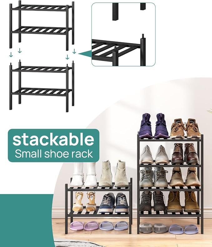 viewcare Black Small Shoe Rack for Entryway, 4-Tier Bamboo Shoe Organizer for Hallway Closet, Free Standing Shoe Racks for Indoor Outdoor - Image 4