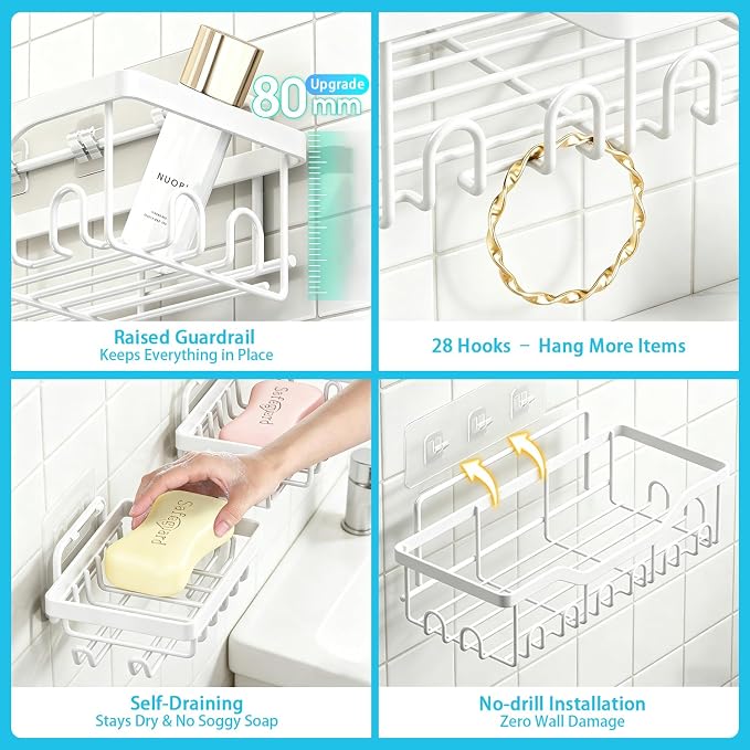 Fammart Adhesive Shower Caddy, 5-Pack Rustproof Stainless Steel Bathroom Organizer with 28 Hooks, No-Drill Large Capacity Shower Shelves for Bathroom Storage & Home Décor, White - Image 6