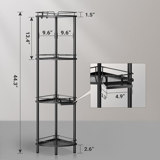 ELYKEN Corner Shower Caddy Standing, 4 Tier Rustproof Metal Shower Organizer with Soap Holder, Floor Shower Corner Shelf Rack Storage Stands with Adjustable Feet & 2 Hooks for Bathroom, Black - Image 2