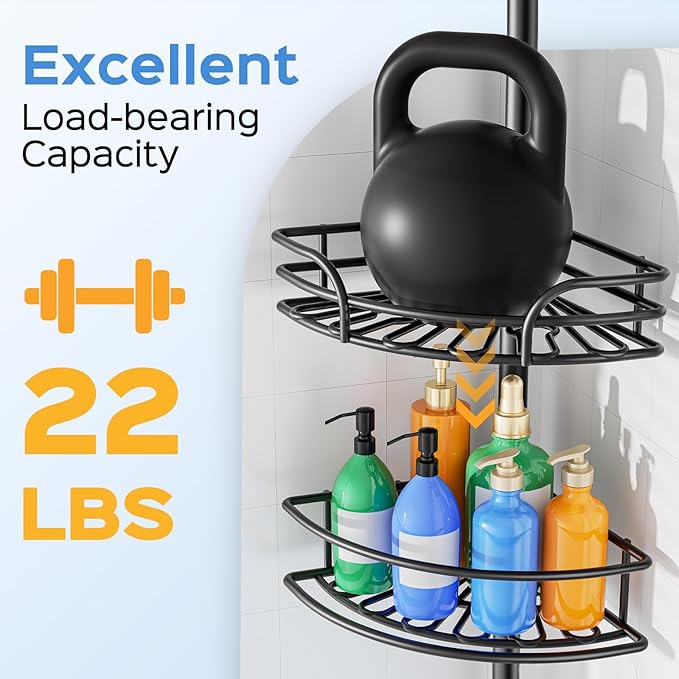 HAMITOR Corner Shower Caddy Tension Pole: 4-Tier Large Capacity Bathroom Organizer Shelf with Towel Bar - Rustproof No-Drill Adjustable 47-123 inch Storage for Renters, Home Bathtub Stand Rack, Black - Image 4
