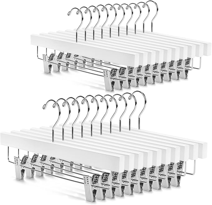 Nature Smile Deluxe Wooden Pants Hangers Solid Wood Bottom Jeans Hanger Skirt Hanger with 2-Adjustable Clips Pack of 20 (White) by NatureSmile