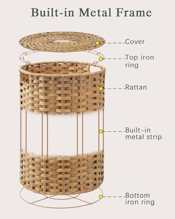 SETVSON Large Laundry Hamper Laundry Basket Round 34.3 Gal (130 L) Handwoven Wicker Laundry Baskets Rattan Laundry Basket with Laundry Bag Handles 2 Mesh Bags for Living Room Bedroom Natural - Image 8