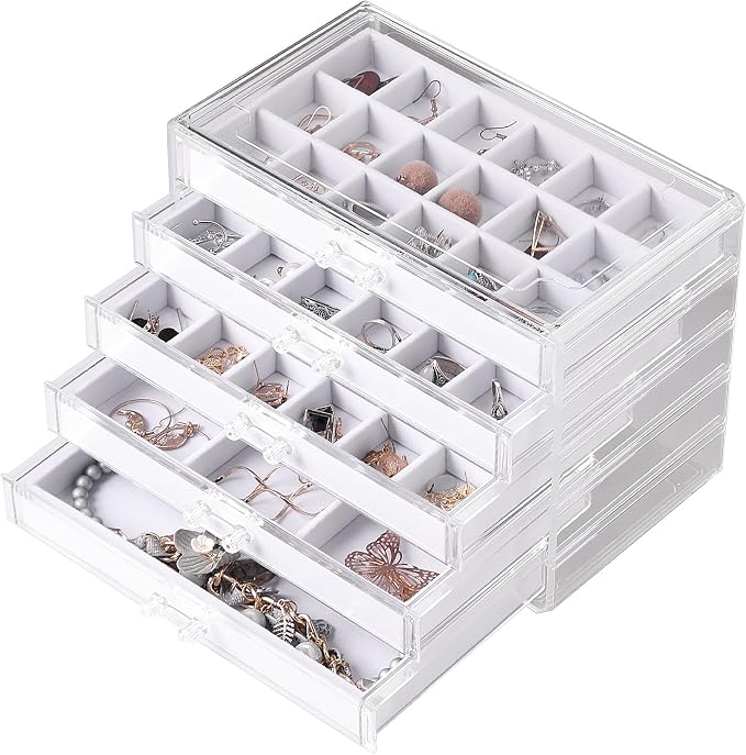 Frebeauty Acrylic Jewelry Organizer Earring Organizer Box with 5 Drawers Earring Holder Organizer with Velvet Trays Clear Jewelry Box for Women Earring Display for Rings Studs(White) by Frebeauty
