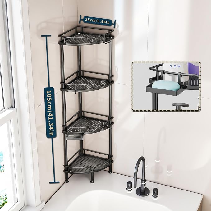 Consumest Corner Shower Caddy Stand - 4 Tier Shower Organizer with Soap Holder, Tall Floor Corner Shelf Standing with Adjustable Feet & 4 Hooks, Storage Rack for Bathroom Black - Image 2
