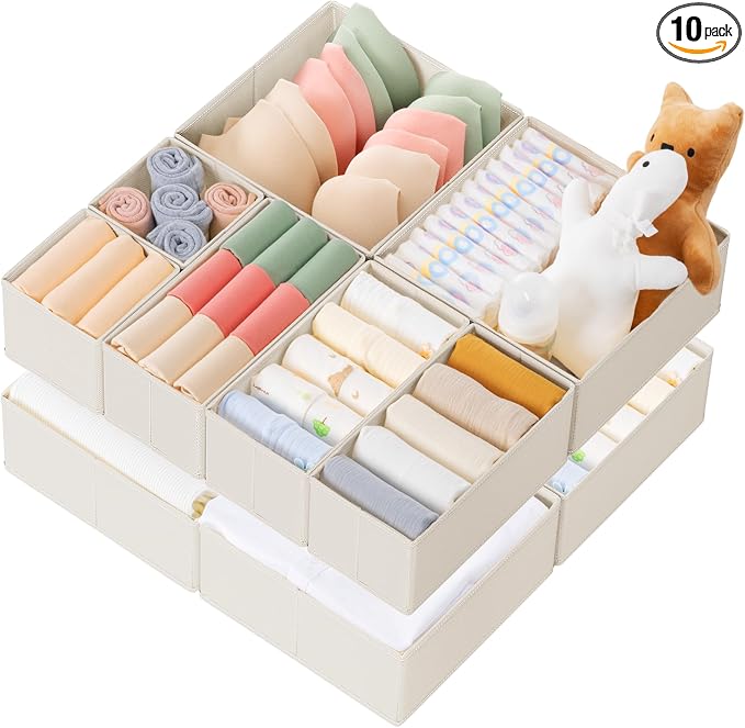 Criusia Drawer Organizer Clothes, 10 Pack Dresser Organizer for Baby Clothes, Underwear, Sock- Foldable Closet Organization and Storage Dividers Bins for Nursery, Bedroom (Oatmeal) by Criusia