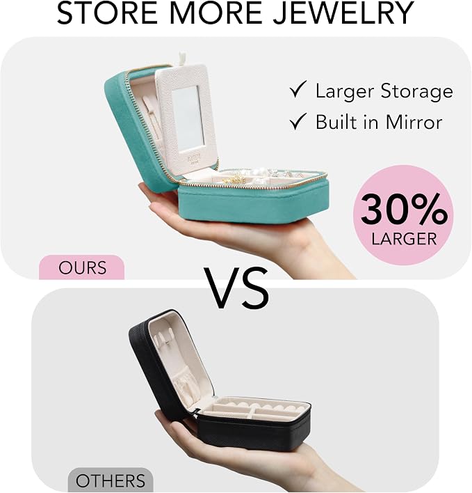 BLUTETE Travel Jewelry Box Organizer Velvet Travel Case With Mirror Ring Earrings Necklaces Storage Organizer Box (Turquoise) - Image 3