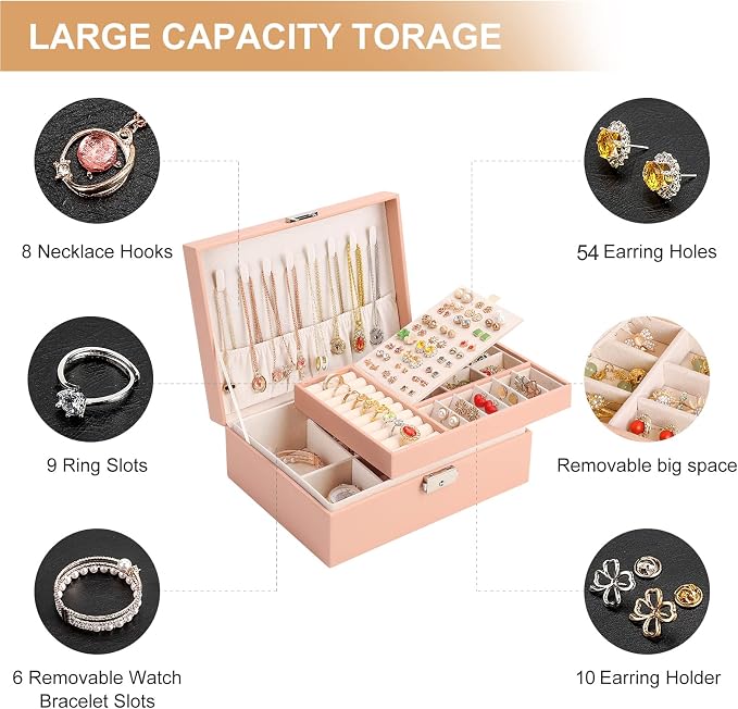 Jewelry Organizer Box, Leather Jewelry Box for Girls Gift Earring Organizer with Lock Double Layers Jewelry Case Removable Tray for Necklace Earring Ring with Polishing Cloth and Jewelry Bags - Image 4