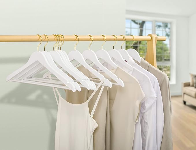 Amber Home 30 Pack White Wooden Coat Hangers with Gold Hook, White Wood Suit Hangers with Non-Slip Pant Bar, Clothes Hangers for Closet Organization, Shirts, Jackets, Dresses and Pants (White+Gold,30) - Image 6