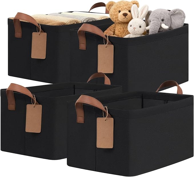 CHICVITA 4 Pack Storage Baskets for Shelves, Collapsible Fabric Closet Storage Bins with Metal Frame, Towel Organizer for Living Room, 14.8" x 10.3" x 8.3", Black by CHICVITA
