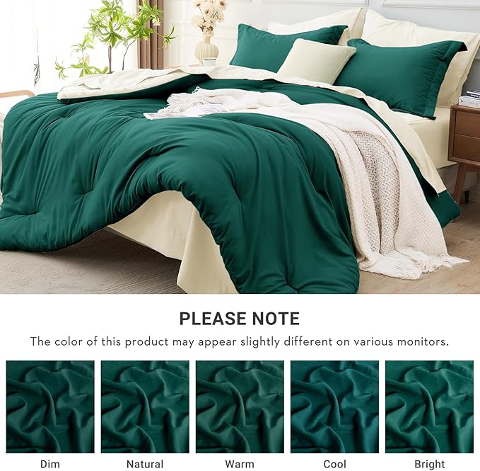 MUXHOMO 7 Pieces Queen Comforter Set, Soft Bed in a Bag Queen Size, All Season Bedding Set with Comforter, Flat Sheet, Fitted Sheet, Pillowcases & Shams, Peacock Blue & Ivory