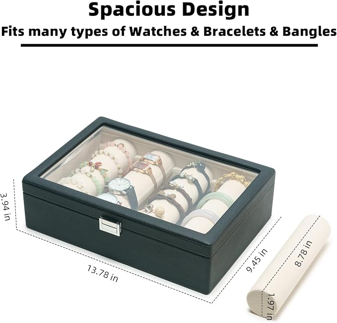 Bracelets Organizer Rods Bangles Display Holder, Clear See through Lid Leather Velvet Jewelry Storage Box Case for Women, 4 Rods Black Leather - Image 2
