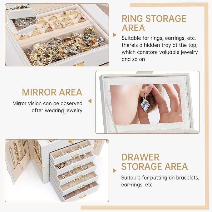 AKOZLIN 6-Tier Jewelry Box Organizer Functional 5 Drawers Leather Jewelry Storage Case for Women Girls Ring Necklace Earring Bracelet Holder Organizer with Mirror White - Image 2
