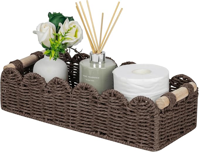 CubesLand Paper Rope Scalloped Edge Shelves Storage Basket, Woven Toilet Paper Baskets for Over Toilet Storage Shelf, Ending Table, Floating Shelves Organizing or Home Décor, with Wood Handle, Brown by CubesLand