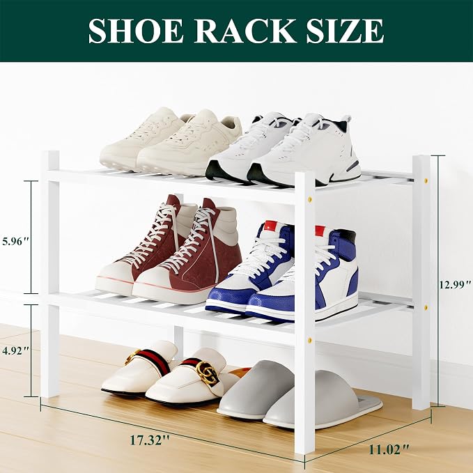 Smiry Shoe Rack, 2 Tier Small Bamboo Shoe Organizer, Stackable Free Standing Wooden Shoe Storage Shelf for Closet, Entryway, Front Door Entrance, White - Image 2